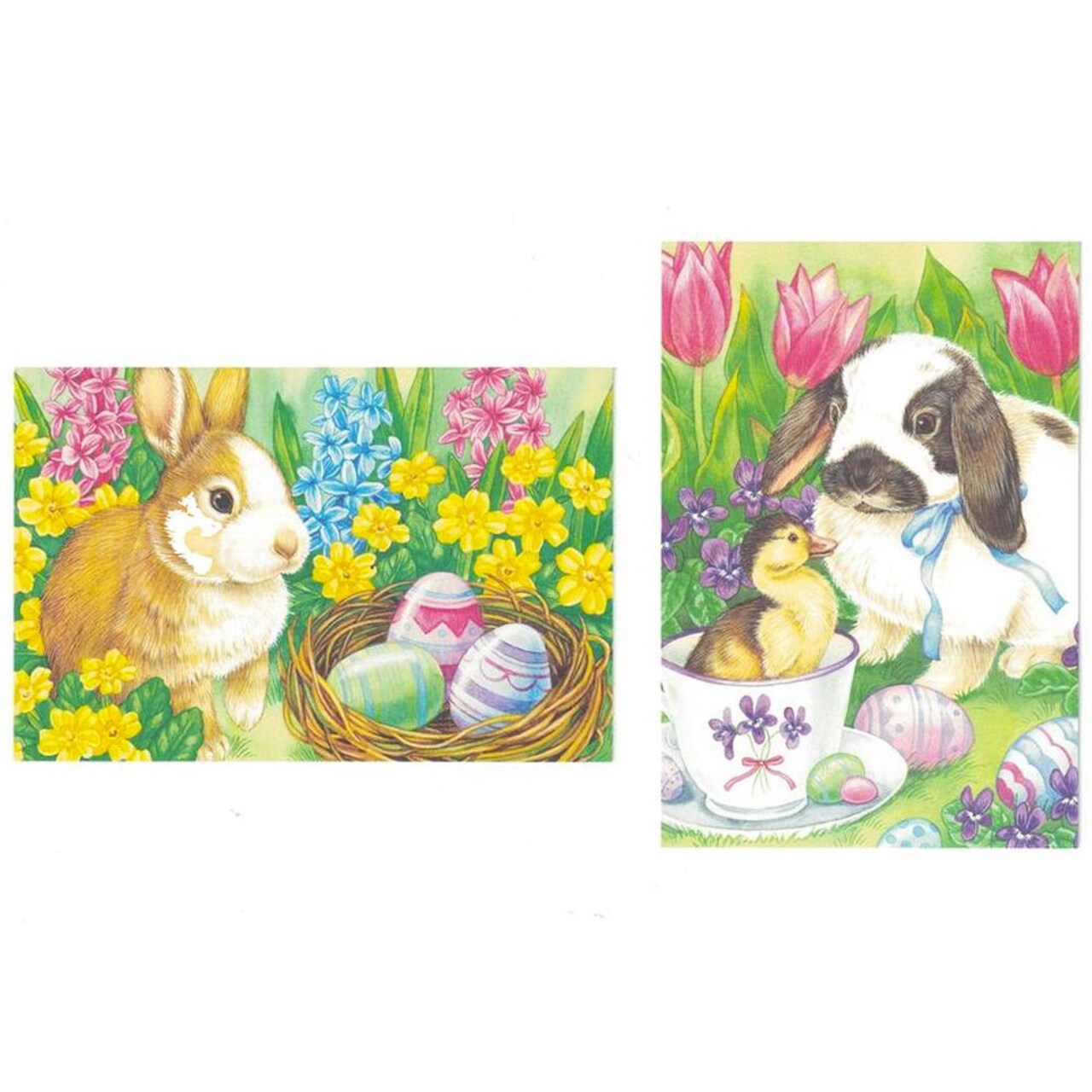 Black and White Bunny w/ Teacup and Brown Bunny w/ Easter Basket Greeting Cards